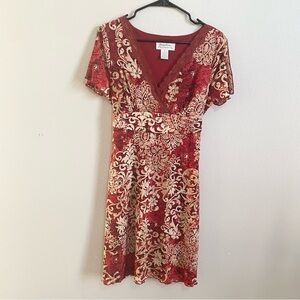90s Y2k Giorgio Fiorlini Dark Red Floral Flutter Sleeve V Neck Dress